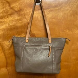 VALENTINA. TAUPE/GRAY SHOULDER BAG. PEBBLED LEATHER. NICE STRAPS. ROOMY. EUC